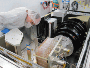 Optical Engineer Paul Maseman (Univ of Arizona) checks the laser alignment of the APOGEE spectrograph fore-optics during commissioning.