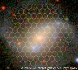 A MaNGA target galaxy, 500 Myr away. The circles represent individual fibers in a bundle