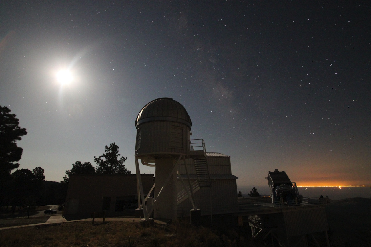 APOGEE observes a few hundred stars towards the Galactic bulge with the 2.5-meter Sloan Telescope during the full moon. The 1-meter NMSU telescope is in the foreground, with the lights of El Paso on the horizon.
Image Credit: S. R. Majewski