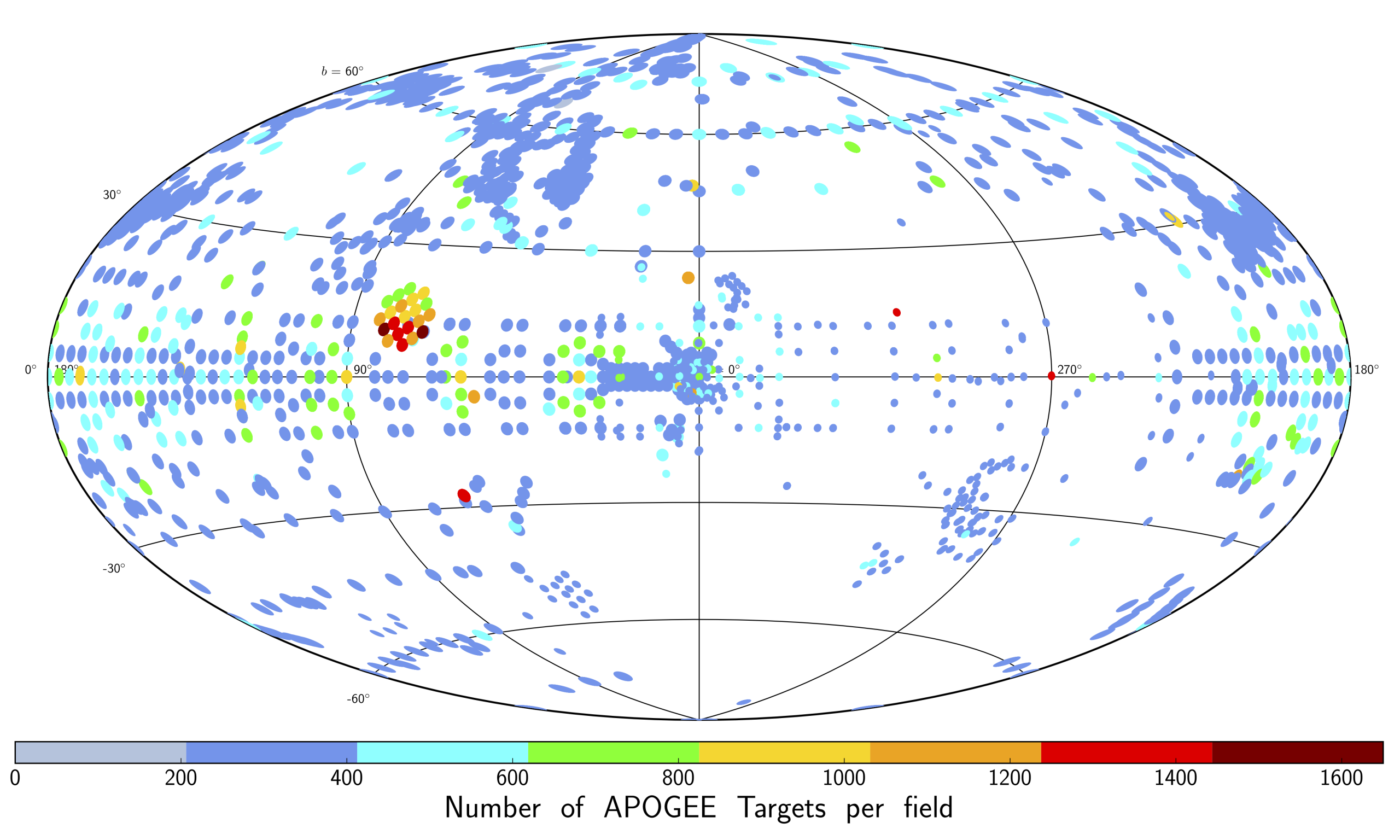 Distribution of APOGEE fields. Each field is color-coded by the number of targets in that field in DR16. Image credit: C. Hayes 