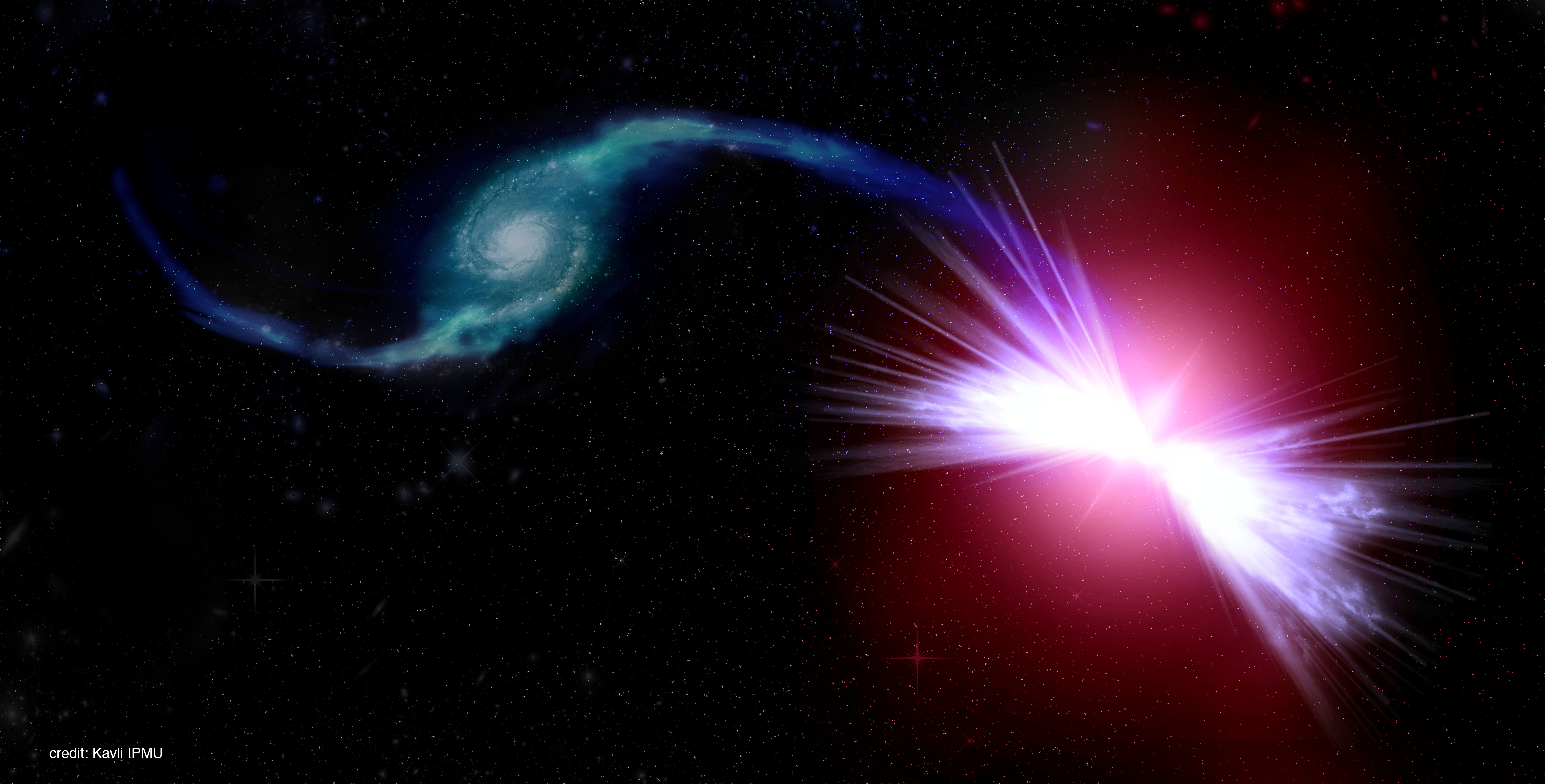 <p class='lead'>An artist’s rendition of the galaxies Akira (right) and Tetsuo (left) in action.</p>

Akira’s gravity pulls Tetsuo’s gas into its central supermassive black hole, fueling winds that have the power to heat Akira’s gas. The action of the black hole winds prevents a new cycle of star formation in Akira.

<strong>Image Credit:</strong> Kavli IPMU