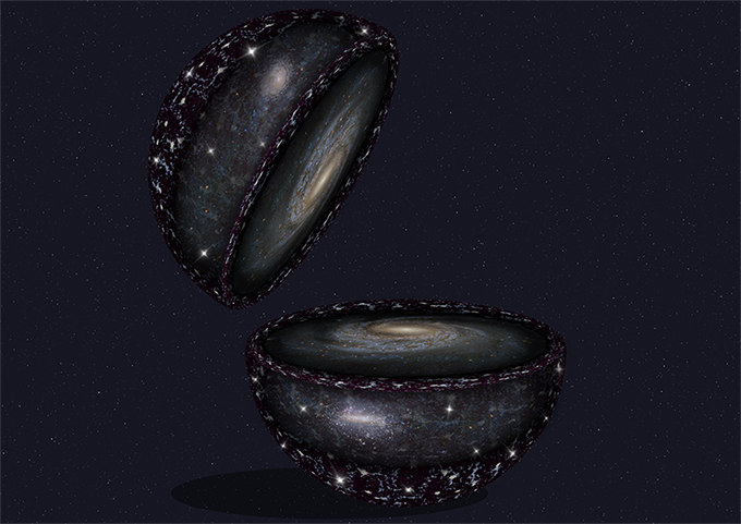 An artist's impression showing two hemispheres. The inside shows the Milky Way, while the outside shows nearby galaxies fading into distant quasars toward the poles.