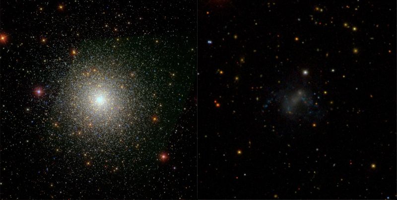 Left: a spherical collection of bright stars; Right: a very faint blue galaxy