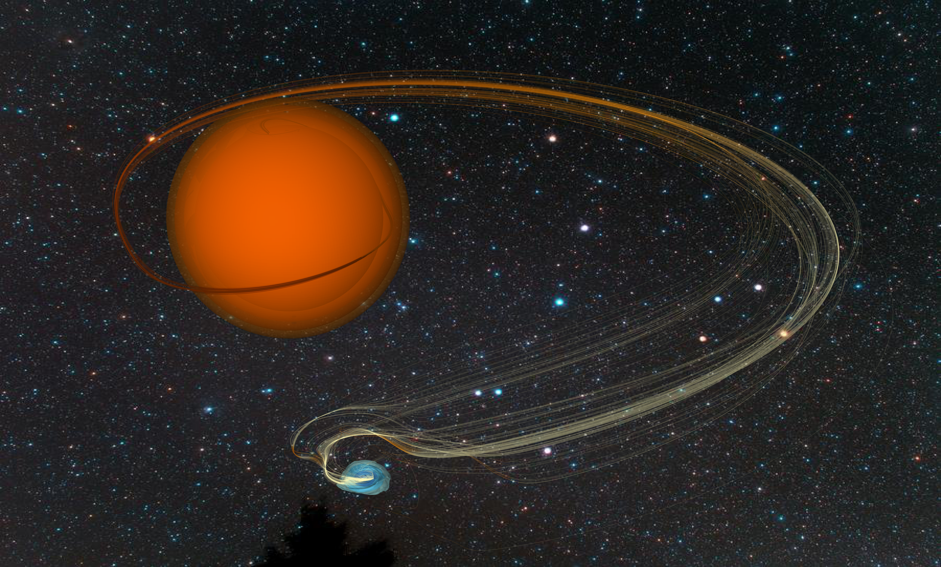 
An artistic impression based on a computer simulation of the <a href="https://www.sdss.org/press-releases/a-giant-meal-for-a-dwarf/">Draco C1 symbiotic binary star system</a> showing material flowing off the red giant star onto the white dwarf. These systems are the progenitors of some types of supernovae.
Image credit: John Blondin, North Carolina State University; See <a href="https://ui.adsabs.harvard.edu/abs/2020ApJ...900L..43L/abstract">Lewis et al. 2020</a>
