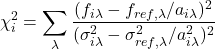 \[ \chi_i^2 = \sum_{\lambda}\frac{(f_{i\lambda}-f_{ref,\lambda}/a_{i\lambda})^2}{(\sigma_{i\lambda}^2 - \sigma_{ref, \lambda}^2/a_{i\lambda}^2)^2} \]