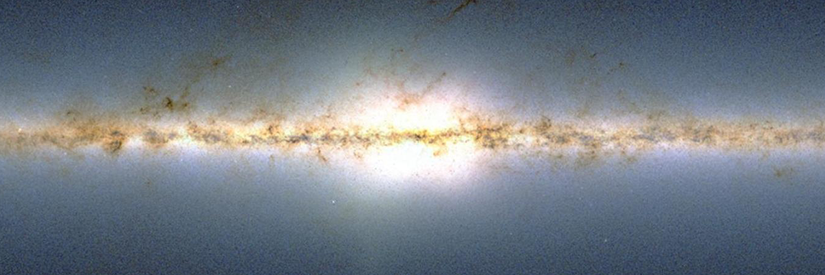 IR image of the inner Galaxy, showing the plane and bulge of the Galaxy full of stars and dust. APOGEE-1 used new IR instrumentation, which is less affected by the extinction from interstellar dust, to study stars within the disk (now continued in <a href="//www.sdss.org/surveys/apogee-2/">APOGEE-2</a>). <i>Image: 2MASS</i> 