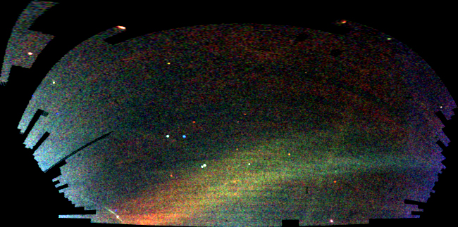 A plot of the sky showing regions with more stars in red and yellow and regions with fewer stars in blue and black. The SDSS's "Field of Streams" map shows structures of stars in the outer Milky Way