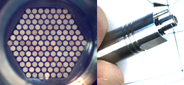 On the left, an image of the face of a 127 fiber IFU. Its ferrule housing which holds the IFU and allows it to be plugged into the SDSS plate is shown on the right.