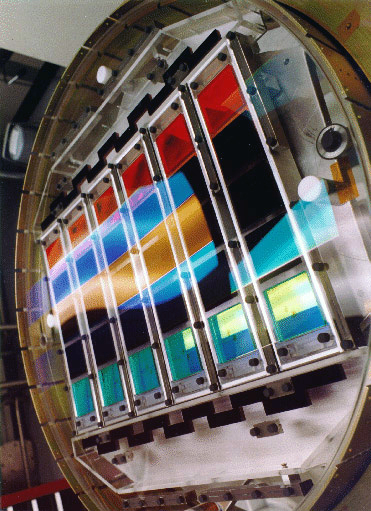 An illustration of the arrangement of the CCDs and filters on the SDSS-III camera. A detailed description of the imager can be found in <a href="http://adsabs.harvard.edu/abs/1998AJ....116.3040G" target="_blank">Gunn et al. (1998)</a> and in the SDSS-I <a href="http://www.astro.princeton.edu/PBOOK/camera/camera.htm" target="_blank">project book</a>.