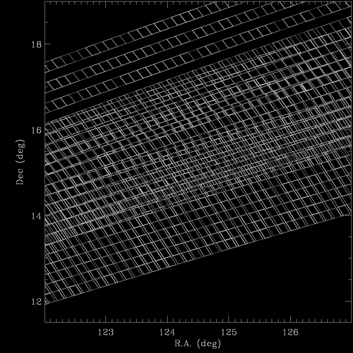 Example set of balkans (polygons describing survey coverage). Note that you can see the imprint of the overlapping runs in the resulting set of disjoint polygons.