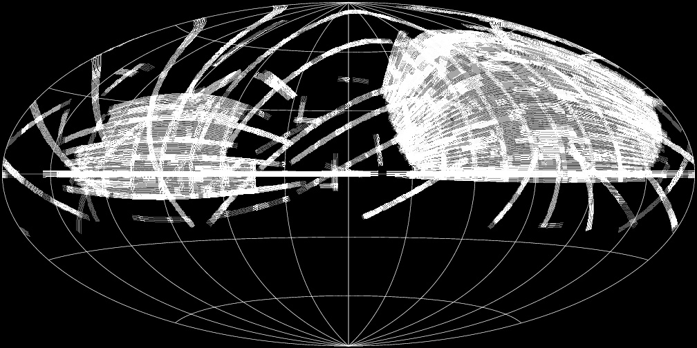 Distribution of fields on the sky. Darking regions indicate more overlapping fields; darkest areas have three or more overlapping fields.