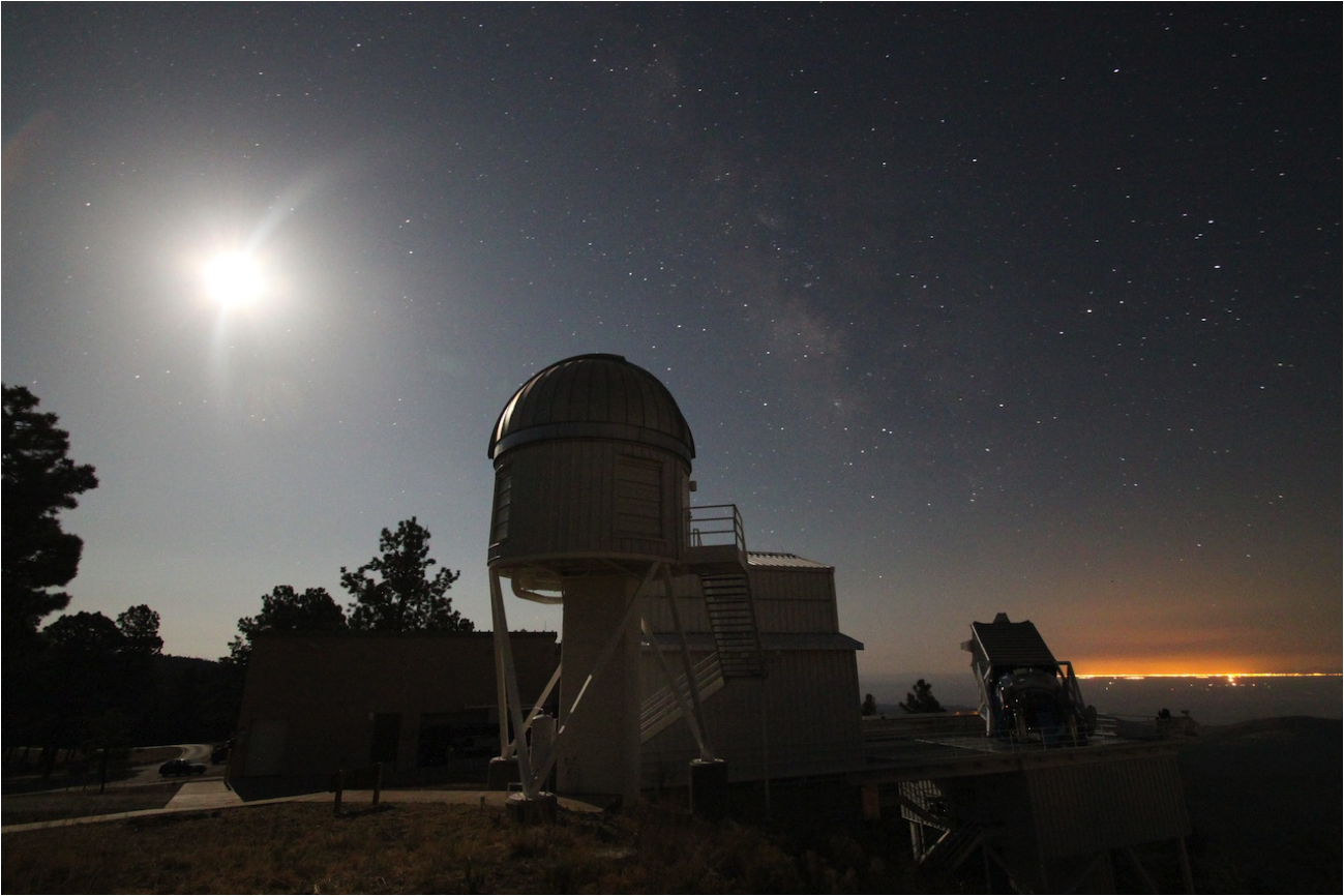 
APOGEE observes a few hundred stars towards the Galactic bulge with the 2.5-meter Sloan Telescope during the full moon. The 1-meter NMSU telescope is in the foreground, with the lights of El Paso on the horizon.
Image Credit: S. R. Majewski
