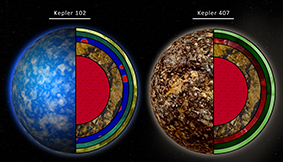 Kepler 102 (left): Earth-like, dominated by olivine minerals; Kepler 407 (right): dominated by garnet, less likely to have plate tectonics.