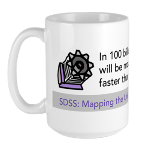 a mug showing the SDSS telescope and text reading 'SDSS surveys, mapping the universe while we still can'