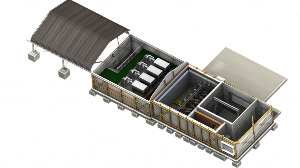 A computer-generated illustration of a telescope building with a retractable roof