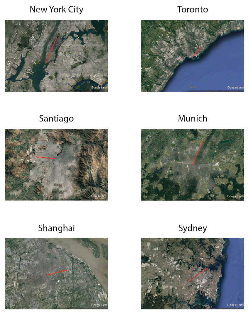 Red lines overlaid on New York City, Toronto, Santiago, Munich, Shanghai, and Sydney