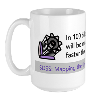 a mug showing the SDSS telescope and text reading 'SDSS surveys, mapping the universe while we still can'