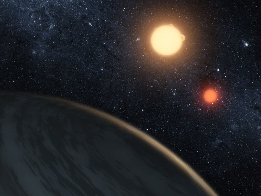 A close-up of a planet orbiting two stars in the distance.