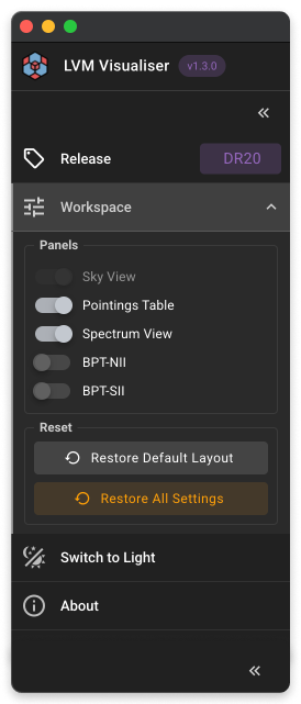 Expanded LVMvis sidebar showing release, workspace, theme, and settings controls.