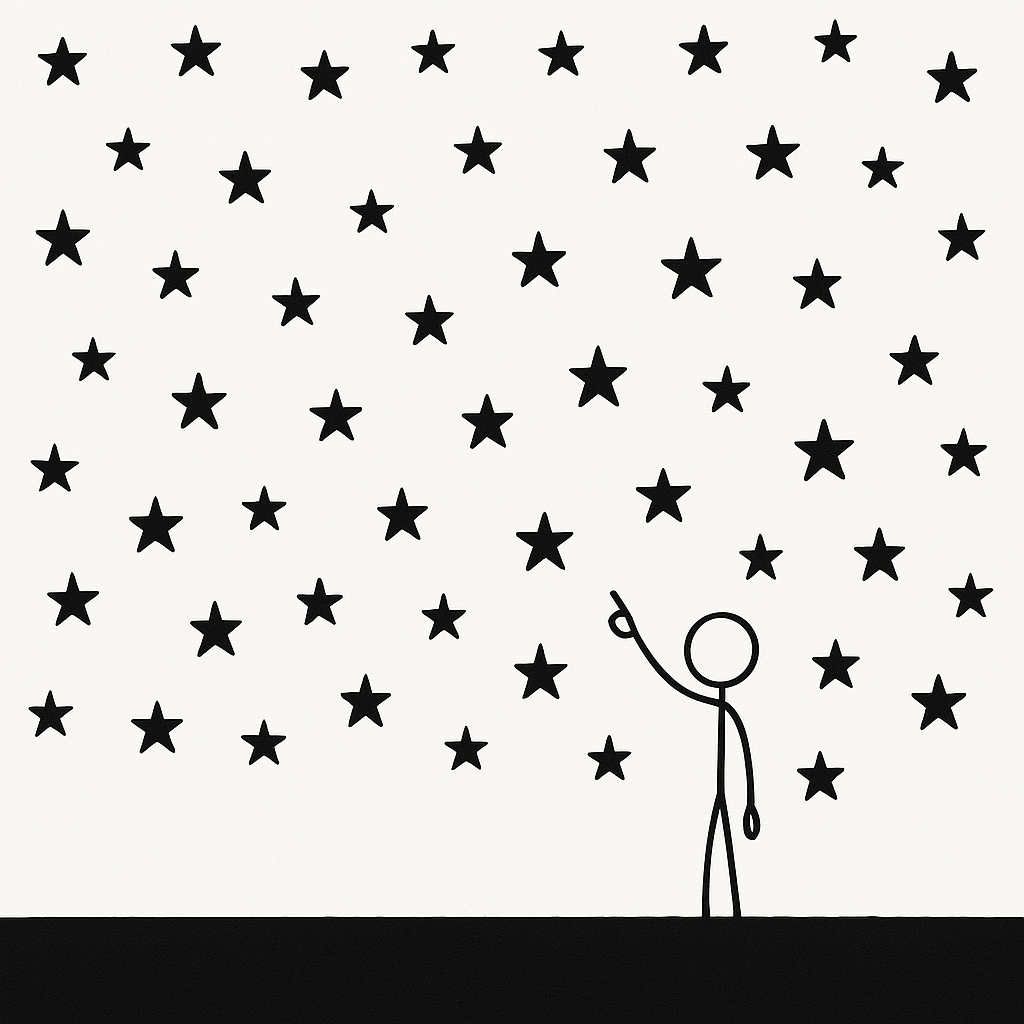 a figure pointing at one of many stars